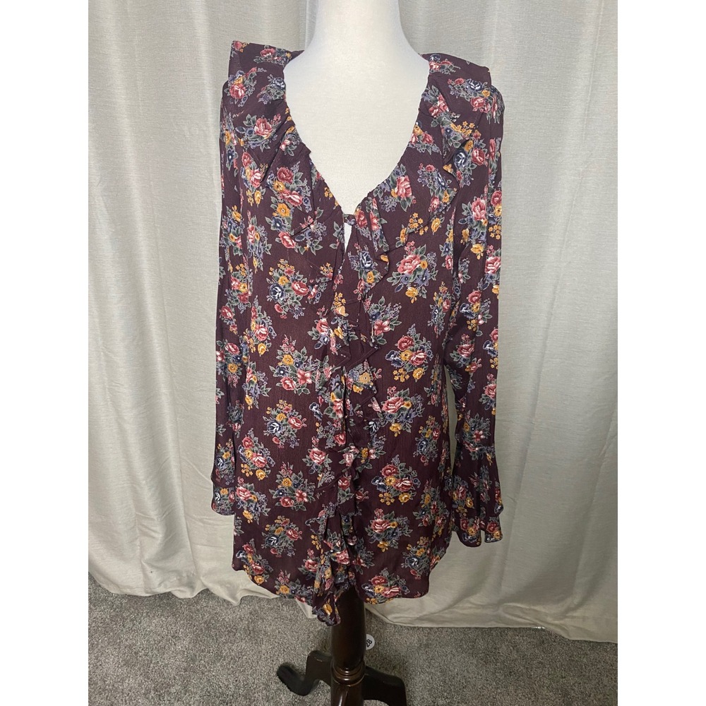 Vintage Contempo Casuals 90s Floral Ruffle Blouse Burgundy Rayon Bell Sleeve M